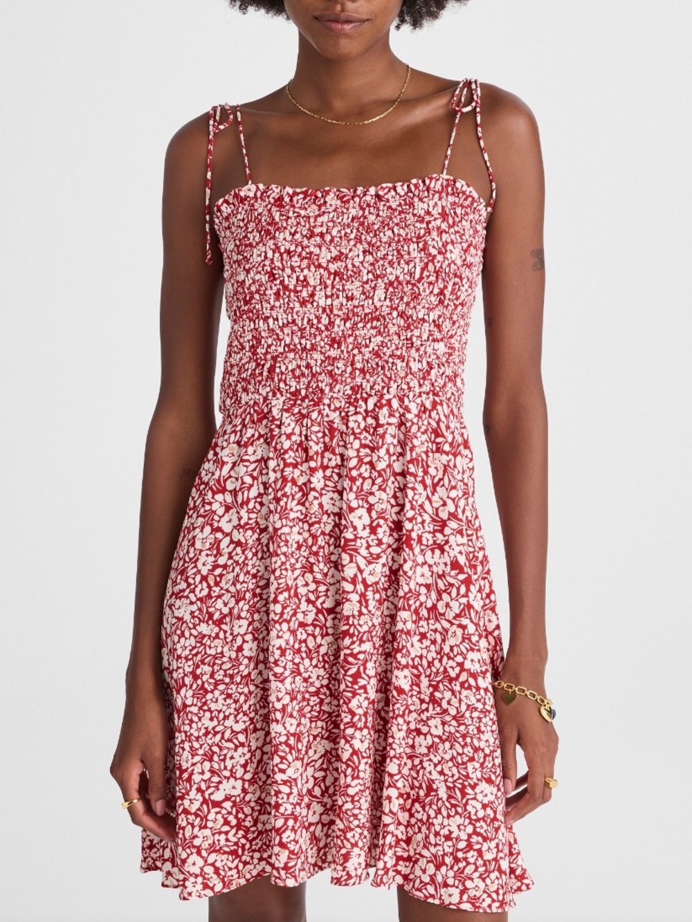 Madewell Red Floral Tie-Shoulder Smocked Mini Dress